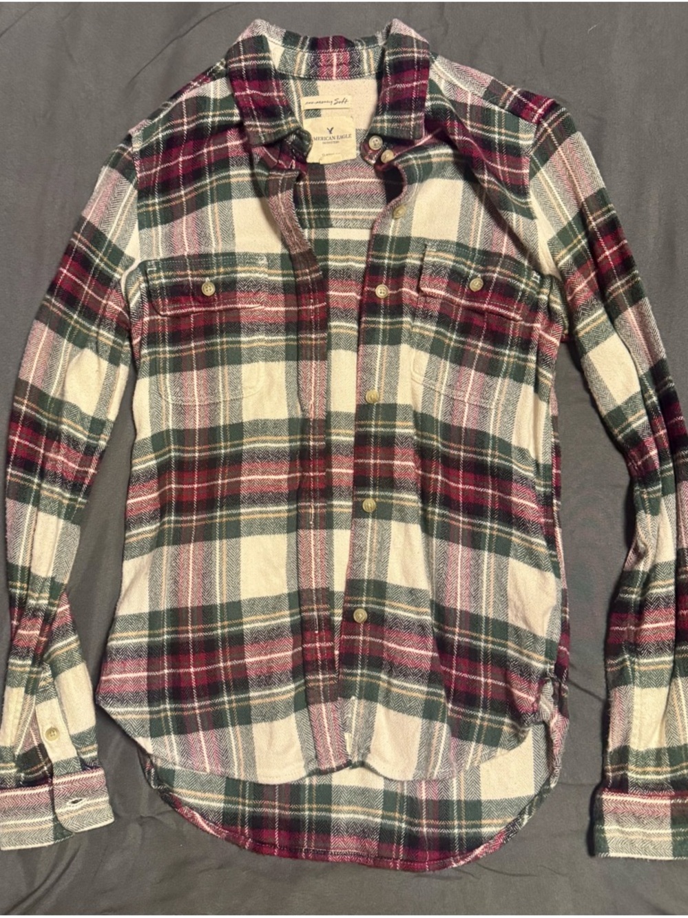 American Eagle Plaid Button-Up Shirt — Cream, Green & Burgundy